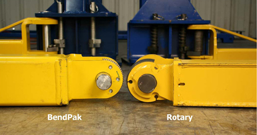 Detalles de brazos de elevadores de carros de BendPak y Rotary